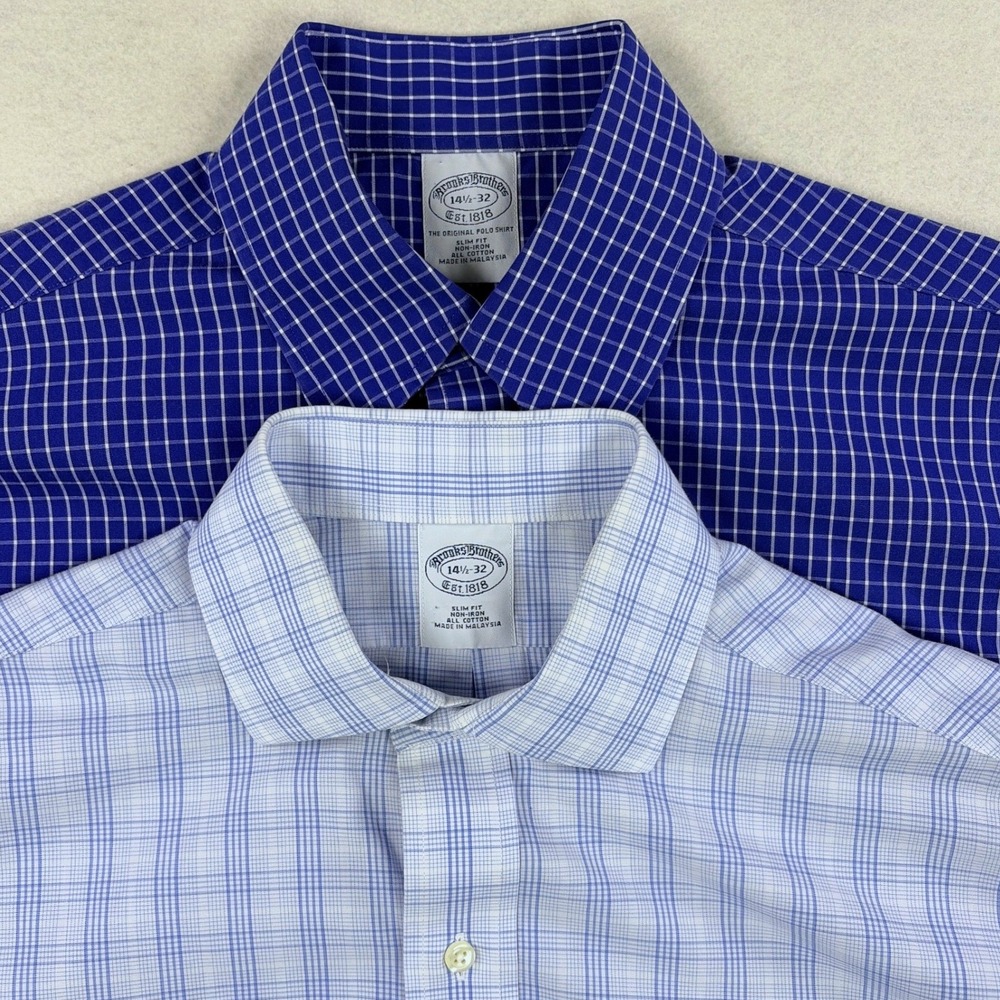 [Lot of 2] Brooks Brothers Slim Non Iron Cotton Dress Shirts Blue Plaid 14.5-32